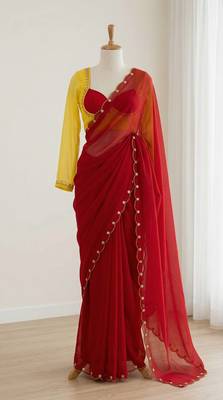 Red Color Handwork Khatali cutdana With Moti & Small Flower Work Border  Faux Georgette Saree 3