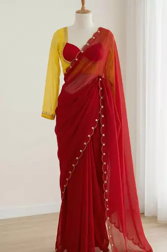 Red Color Handwork Khatali cutdana With Moti & Small Flower Work Border  Faux Georgette Saree