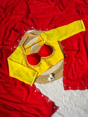 Red Color Handwork Khatali cutdana With Moti & Small Flower Work Border  Faux Georgette Saree 4