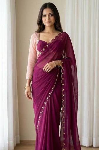 Wine Color Handwork Khatali cutdana With Moti & Small Flower Work Border  Faux Georgette Saree