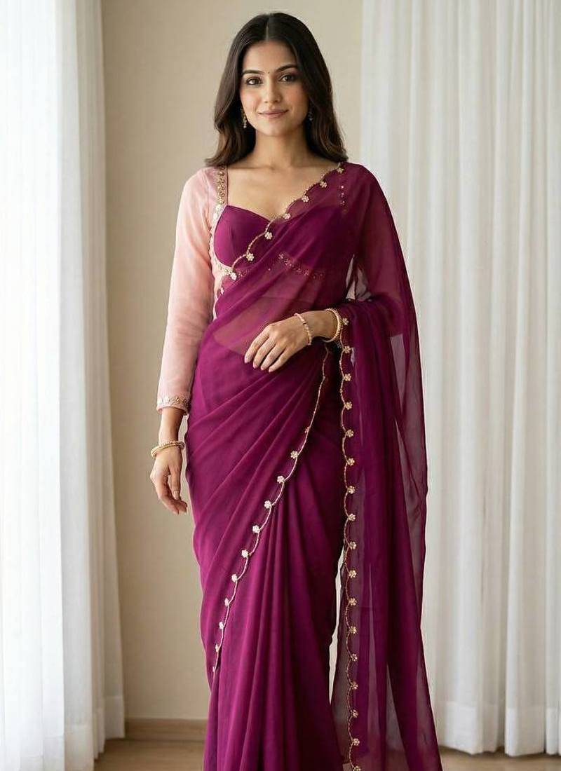 Wine Color Handwork Khatali cutdana With Moti & Small Flower Work Border  Faux Georgette Saree