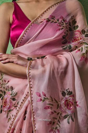 Light pink color print and khatali handwork work silk saree
