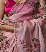 Light pink color print and khatali handwork work silk saree