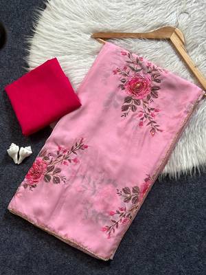 Light pink color print and khatali handwork work art silk saree 3