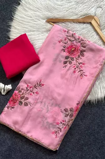 Light pink color print and khatali handwork work art silk saree