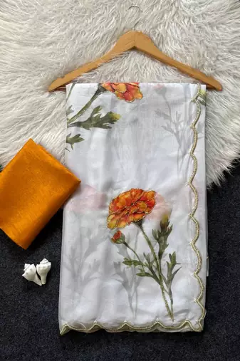 White color print and khatali handwork work organza saree