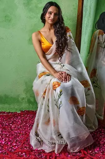 White color print and khatali handwork work organza saree