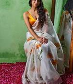 White color print and khatali handwork work organza saree
