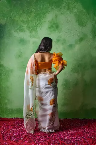 White color print and khatali handwork work organza saree