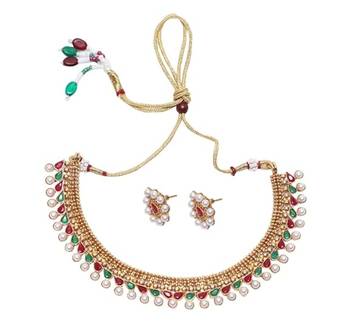 Maroon green with pearls copper choker set 2