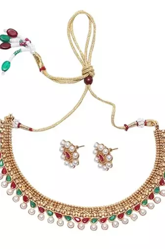 Maroon green with pearls copper choker set