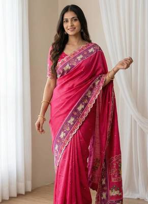 Pink color  aaari mirror foil work art silk saree 2