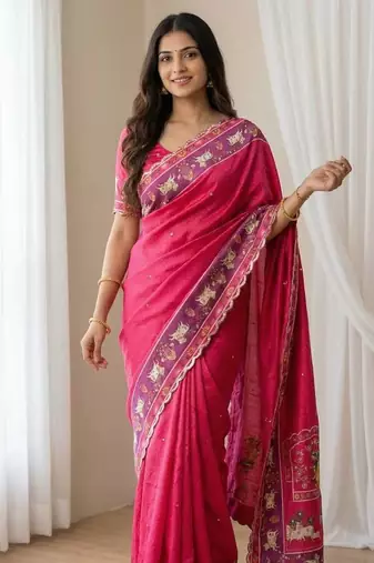 Pink color  aaari mirror foil work art silk saree