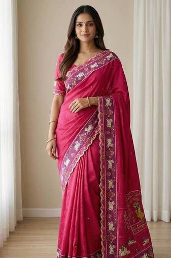 Pink color  aaari mirror foil work silk saree
