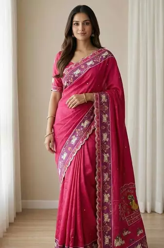Pink color  aaari mirror foil work silk saree