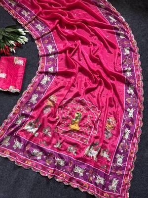 Pink color  aaari mirror foil work art silk saree 3