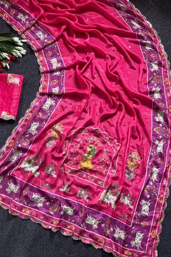 Pink color  aaari mirror foil work art silk saree