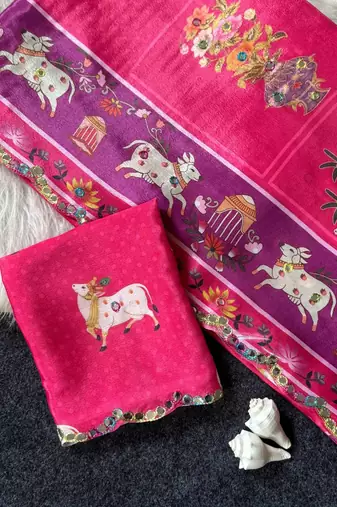 Pink color  aaari mirror foil work art silk saree