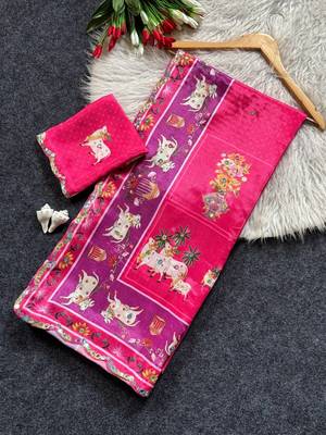 Pink color  aaari mirror foil work art silk saree 5