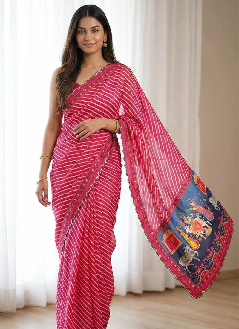  Rani Pink color  aaari mirror foil work silk saree