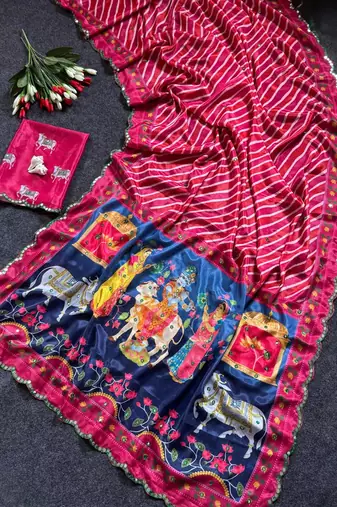  Rani Pink color  aaari mirror foil work art silk saree