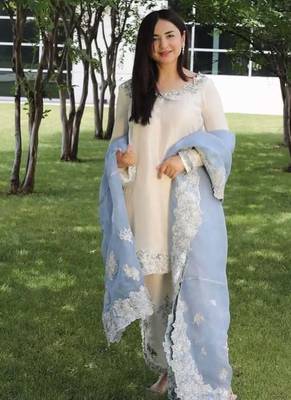 Designer Sequin Suit Set – Off-White Roman Glass with Ice Blue Organza Dupatta 1