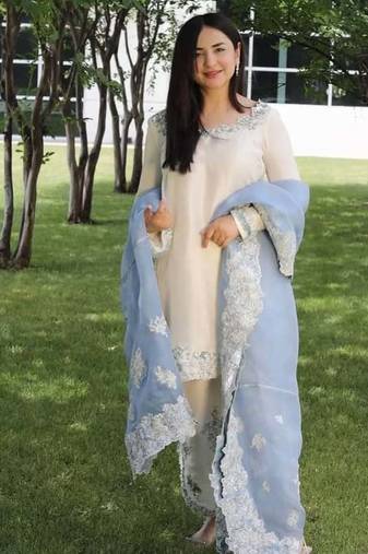 Designer Sequin Suit Set – Off-White Roman Glass with Ice Blue Organza Dupatta