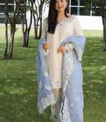 Designer Sequin Suit Set – Off-White Roman Glass with Ice Blue Organza Dupatta