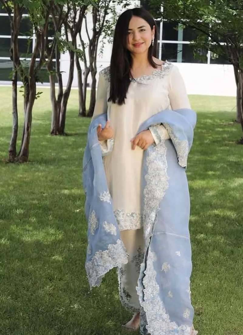 Designer Sequin Suit Set – Off-White Roman Glass with Ice Blue Organza Dupatta
