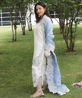 Designer Sequin Suit Set – Off-White Roman Glass with Ice Blue Organza Dupatta 2