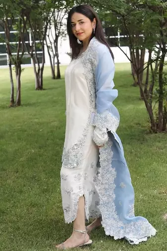 Designer Sequin Suit Set – Off-White Roman Glass with Ice Blue Organza Dupatta
