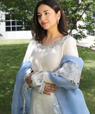 Designer Sequin Suit Set – Off-White Roman Glass with Ice Blue Organza Dupatta 3