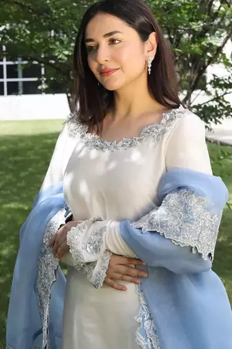 Designer Sequin Suit Set – Off-White Roman Glass with Ice Blue Organza Dupatta
