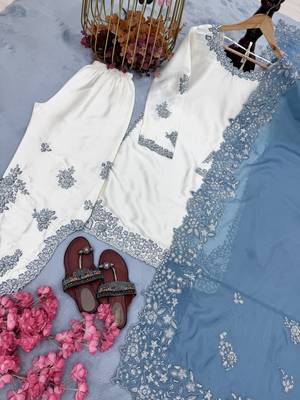 Designer Sequin Suit Set – Off-White Roman Glass with Ice Blue Organza Dupatta 4