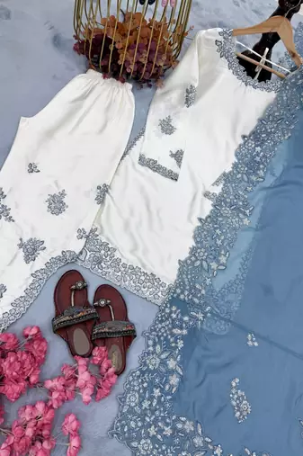 Designer Sequin Suit Set – Off-White Roman Glass with Ice Blue Organza Dupatta