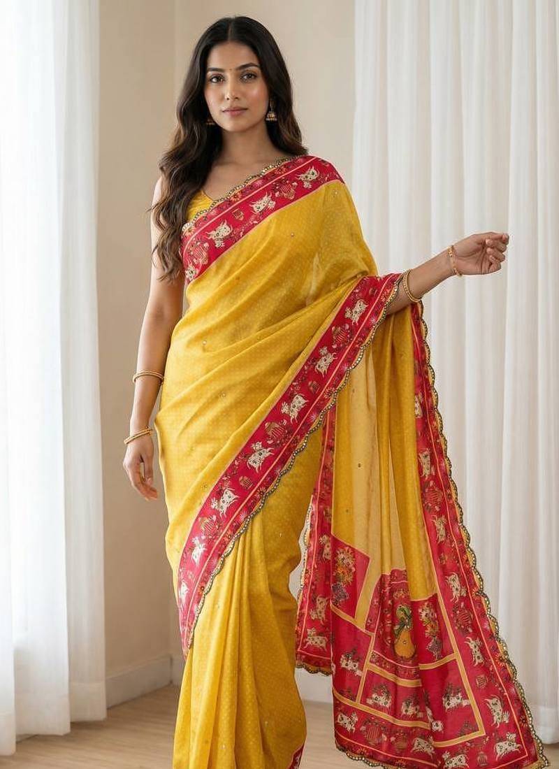 Yellow color  aaari mirror foil work silk saree