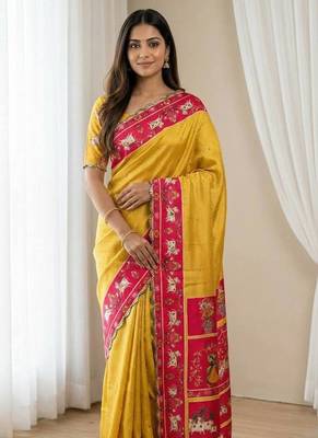 Yellow color  aaari mirror foil work art silk saree 2