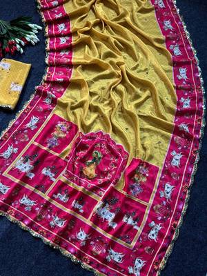 Yellow color  aaari mirror foil work art silk saree 3