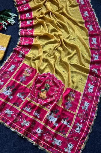 Yellow color  aaari mirror foil work art silk saree