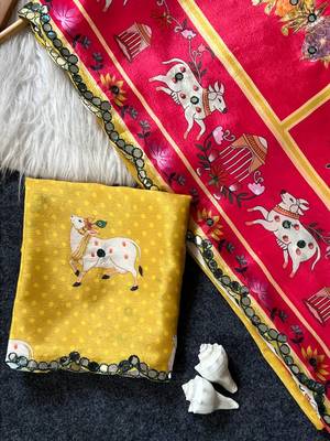 Yellow color  aaari mirror foil work art silk saree 4