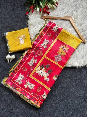 Yellow color  aaari mirror foil work art silk saree 5