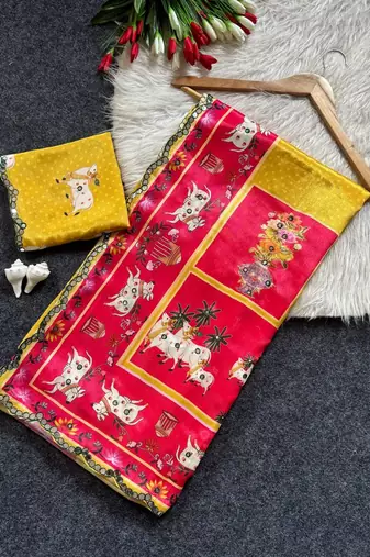 Yellow color  aaari mirror foil work art silk saree