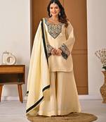 Cream chinon silk  party wear embroidery sharara  suit set