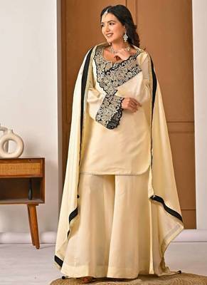 Cream chinon silk  party wear embroidery sharara  suit set 3