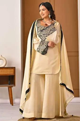 Cream chinon silk  party wear embroidery sharara  suit set