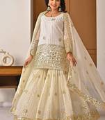 Cream georgette  party wear embroidery sharara  suit set