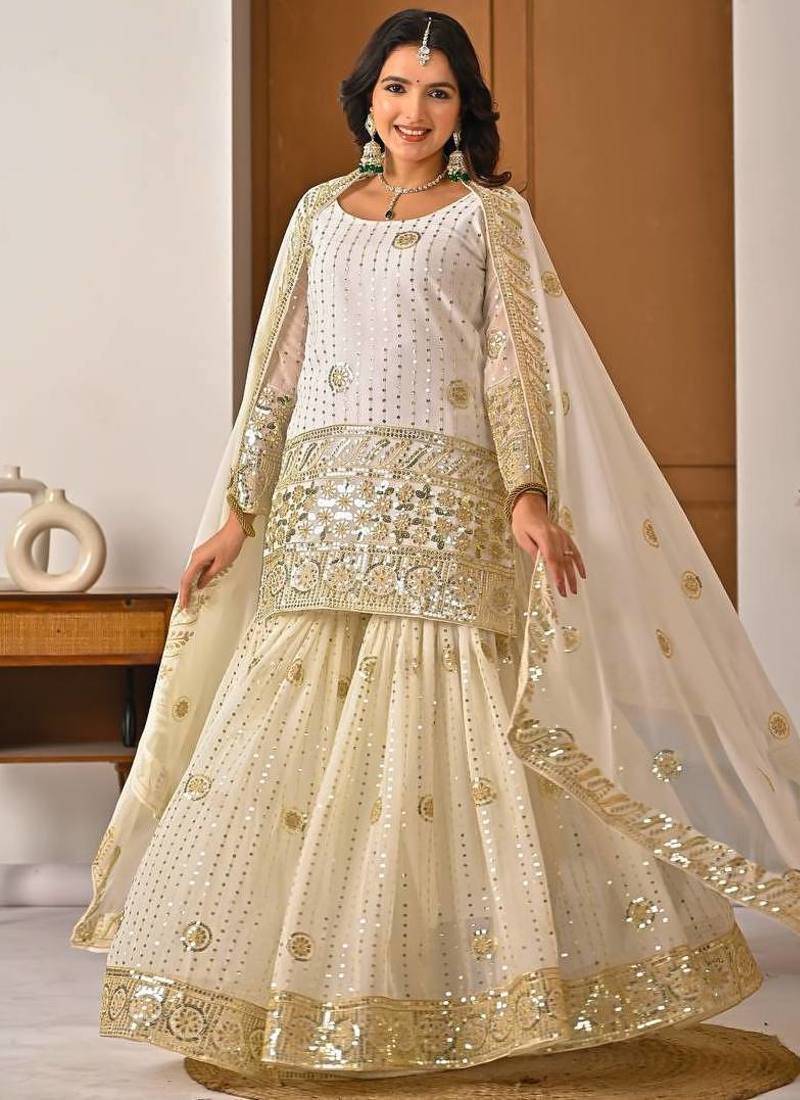 Cream georgette  party wear embroidery sharara  suit set
