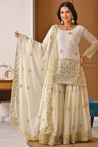 Cream georgette  party wear embroidery sharara  suit set