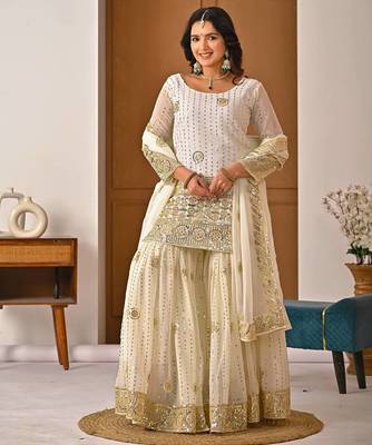 Cream georgette  party wear embroidery sharara  suit set 3