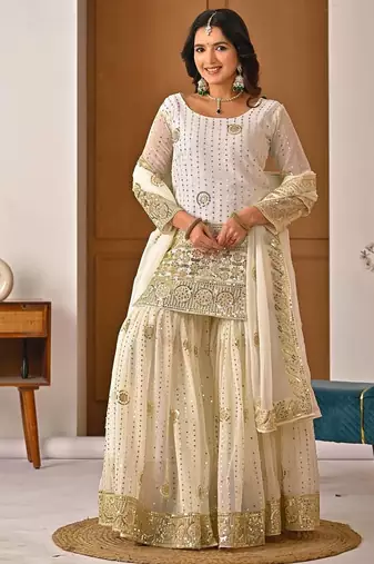Cream georgette  party wear embroidery sharara  suit set